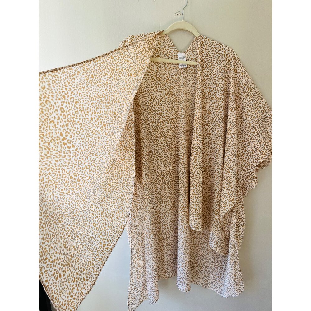One Size Kimono Cover Up Beige Leopard Animal Print Wrap Open Tunic
